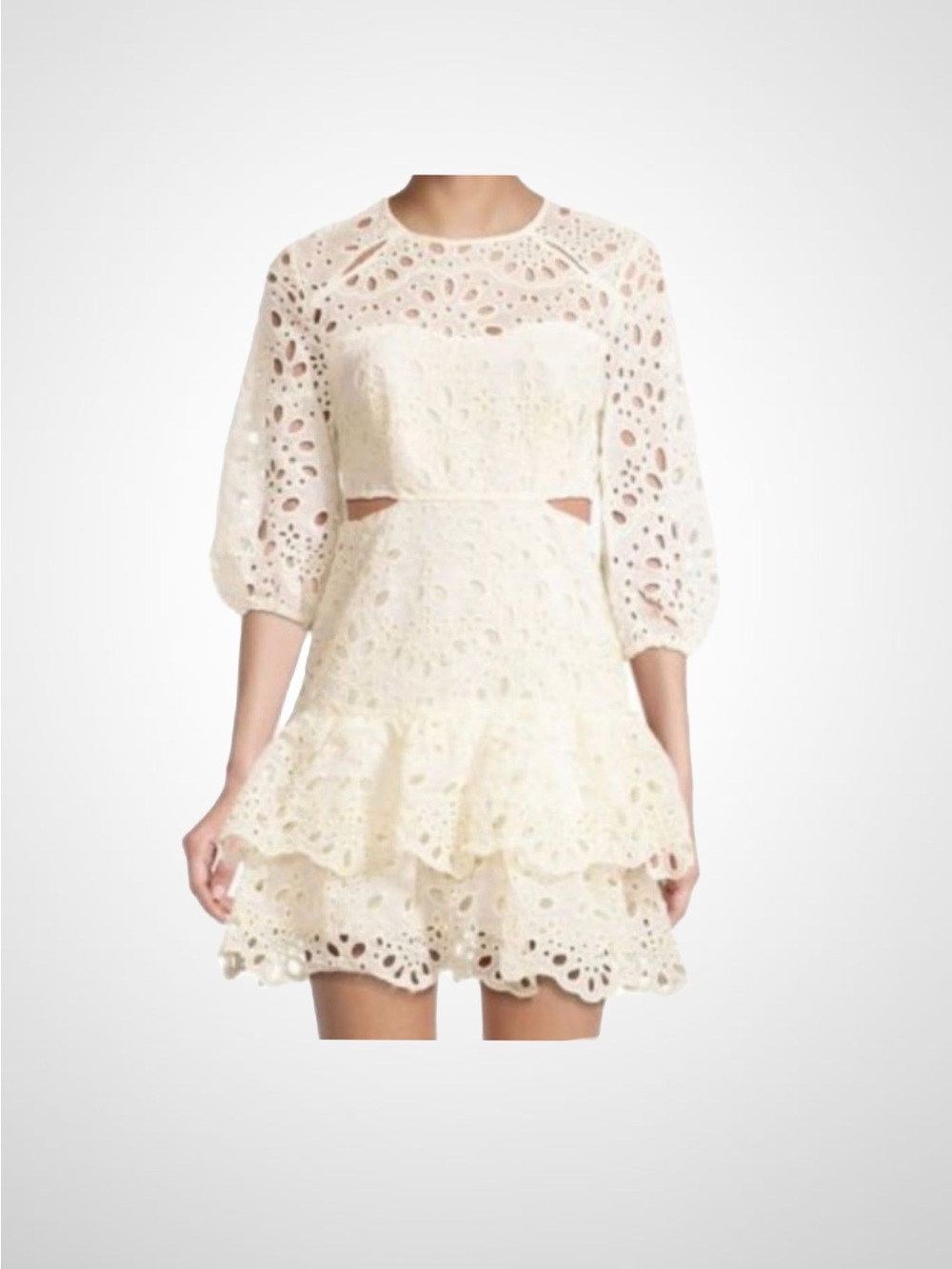 Avantlook Cream Eyelet Cutout Mini Dress with Puff Sleeves